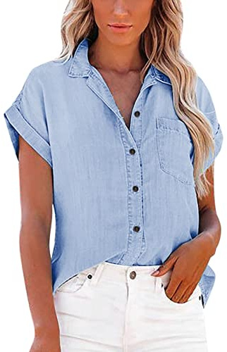 Womens Short Sleeve Denim Shirts with Pockets Button Down Chambray Jean Western Shirts Summer Loose Casual Solid Collared Tops Blouse