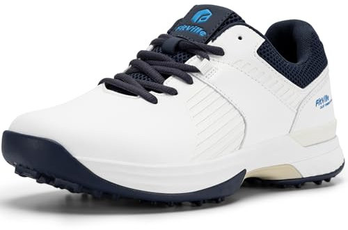 FitVille Mens Golf Shoes Extra Wide Fit Casual Trainers Water Resistant Non Slip Outdoor Spiked Trainers for Golf Training White Navy Blue