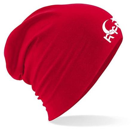 Beanie Mütze mit Göktürk Türk Bozkurt für Herren Damen und Kinder Unisex warm schwarz weiß rot Navyblau grau (DE/NL/SE/PL, Alphanumerisch, Einheitsgröße, Rot)