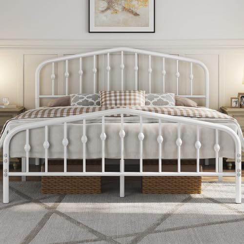 Abician Cadre de Lit Métallique 160x200cm Double avec Sommier à Lattes - Grand Rangement sous Le Lit - Blanc