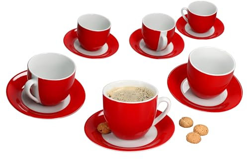 MamboCat Variant Rot Kaffeetassen mit Untertassen für 6 Personen I farbige Porzellan-Set für Frühstück & Kaffee I Je 6X Teetassen 200ml & Untertassen I schickes Geschirr für Zuhause & Gastro