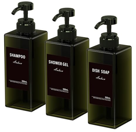 Anhow 3er Seifenspender Kunststoff, 500ml PETG Seifenspender mit 16pcs Kategorie Etiketten für Küche und Badezimmer Dusche/Küche/Badezimmer - Grün/ 500ml