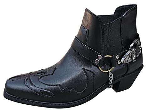 Fibbia Tacco A Punta Cintura Spessa Breve Moda Uomo Stivali Stivali Stivali Da Uomo Stivali Cowboy Uomo Taglio Basso, Nero , 39 1/3 EU
