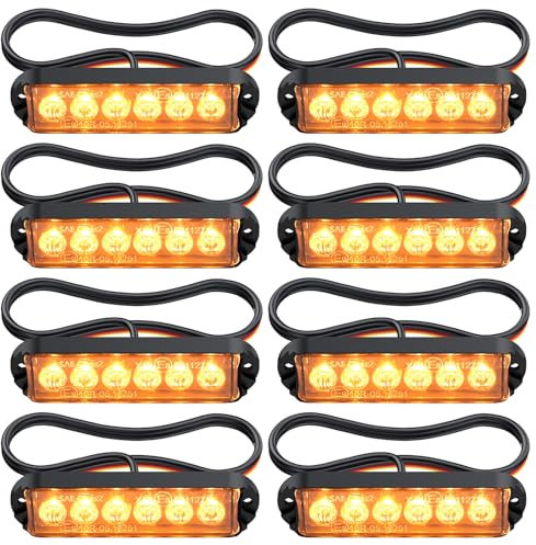 Justech 8PCS Strobe Flashing Light Amber 6 LED Emergency Lamp Bar 12V-24V LED Beacon 22 Flashing Modes Warning Marker Light for Vehivle Car Truck Trailer Caravan Camper Grill Light
