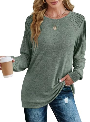 XIEERDUO Pullover Damen Sweatshirt Langarmshirt Herbst Winter Strickpullover Tunika Tshirt Elegant Oberteile Top Grün XL