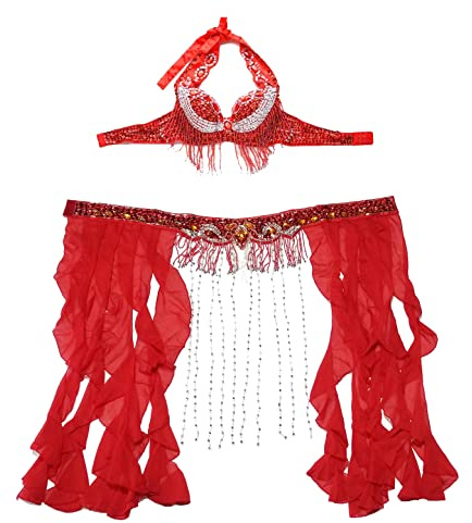 YNZUNMY Bauchtanz Hüfttuch,Bauchtanz,Bauchtanz Gürtel Größe S-XL. Performance Frauen dancewear professionelle 2 stücke Outfit perlen kostüm Bauchtanz BH gürtel mit fransen(Red bra belt,XL)