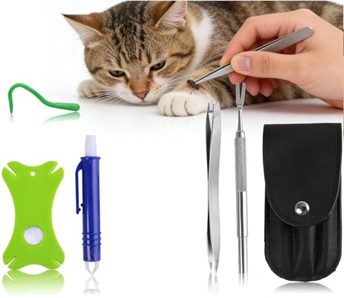 KLEHOPE Zeckenzange für Hunde, 5-teilig, für Hunde, Katzen und Menschen, Zeckenzange Katze mit Aufbewahrungsbeutel, zur Entfernung von Zecken, Läusen und Schmutz