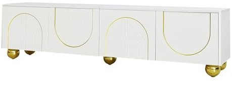 Mobile TV a schermo basso di lusso con ante strutturate, include ripiani e funzione di apertura a un tasto, separatore regolabile, design elegante e leggero (bianco e oro)