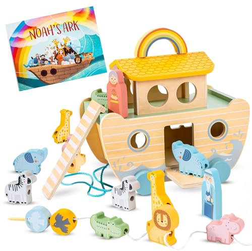 Arche Noah Holz Spielzeug - Taufgeschenke Jungen & Taufgeschenke Mädchen | Süße Taufen Geschenke für Patenkind mit Bilderbuch, Rädern und Seil | Taufgeschenk Junge Kinder | Geschenk zur Taufe Junge