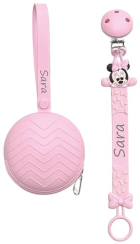 NOVITÁ Fettuccia IN SILICONE, per ciuccio personalizzata con nome, TOPOLINA ROSA CHIARO, BABYJART, lavabile,sicura per il bambino,compatibile con ciuccio MAM e CHICCO AZIENDA ITALIANA, MADE IN ITALY!