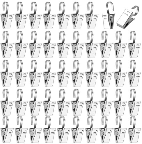 Vorhang Clips, Edelstahl Gardinen Clips, Metall Gardinen Klammern mit Haken für Vorhänge Duschvorhang Fotos Lichterketten Hängende (50, Silber)