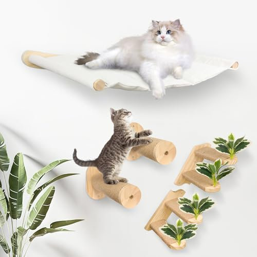 Lohofrnny Kletterwand Katzen, Wandmontage Katzenhängematte, 2 × Katzentreppe mit Juteseil und Blätter, 2 × Wandmontage Jute-Kratzäulen aus Natur-Holz, DIY Katzentreppe Wand