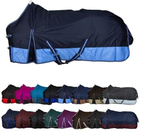 RL24 - Weidedecke 600D Basicline – Regendecke & Übergangsdecke – Wind- & wasserdichte Outdoordecke mit Innenfutter & Kreuzbegurtung – Pferdedecke in Blau/Babyblau – 145cm (Polarfleecefutter)
