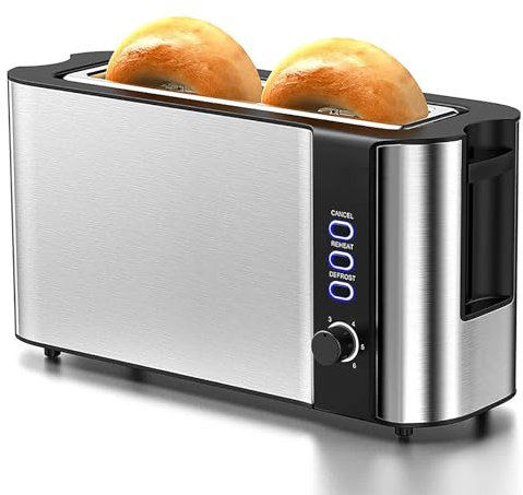 LIULIQ Long Slot 4 Slice Toaster, Electric Toaster with Countdown Timer and Removal Crumb Tray, 6 Browning Settings, Built-in Warming Rack and Extra Wide Slots for Sandwiches Waffles and Pastries