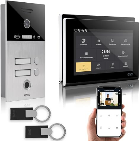 GVS - IP Video Türsprechanlage 2-Familienhaus mit Türöffner (RFID & Fingerprint), HD Kamera, 2X 7 Zoll Monitor & App - Smarte Video Türklingel mit Kamera & Gegensprechanlage (AVS5088U)