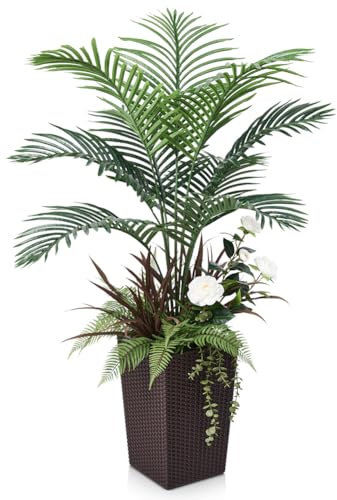 VeriNatural Palmier Artificiel 120 cm - Verte Plante Artificielle Intérieur Extérieur avec Pot Marron et 5 Fausse Plantes, Résistant UV - Arbre Artificiel Décoration pour Salon, Bureau, Balcon, VN148