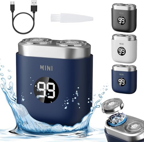 TBLMPNE Mini Rasierer Herren Elektrisch, 2 in 1 Kabellos, Rotationsrasierer für Gesicht, Nass und Trocken, IPX7 Wasserdicht, Schwebender Doppelring-Scherkopf, Automatische Schleiftechnologie, Blau