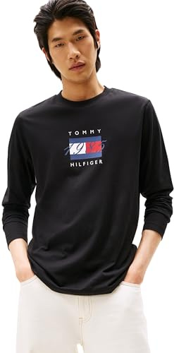 Tommy Hilfiger Men’s Regular Fit Linear Flag Graphic Long Sleeve Top, Black (Black), XXXL