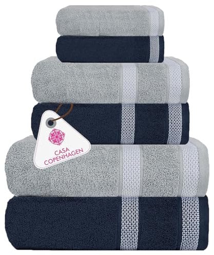 Casa Copenhagen Solitaire Mix Ensemble de Serviettes 6 pièces - Gris Violet + Bleu Marine 600 g/m² 2 de Bain, 2 à Main et 2 Serviettes de Toilette en Coton égyptien Doux pour la Cuisine, la Douche