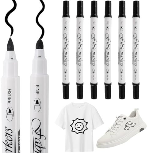 OHREN Juego de 6 Rotulador Negro Textil, Doble Punta Marcadores para DIY para Tela, Ropa, Zapatos, Sombrero, Bolsa de Lona, Camisetas, Pintura Textil Lavable (Negro)