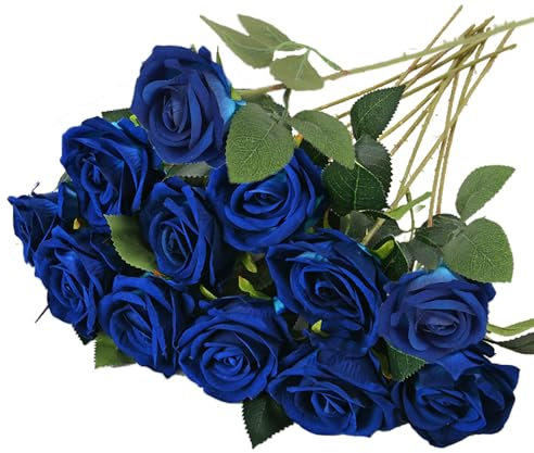 RXKFIGX 12 Pezzi Rose Fiori Artificiali Bouquet di Fiori di Seta Artificiale Rose Blu Finte in Seta Artificiale Rose Finte per Decorazioni per Matrimoni Home Office Cucina Ufficio Giardino(Blu)