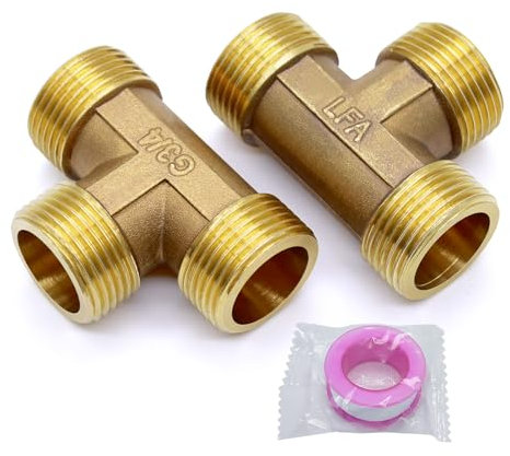 RUNYU 2 Stück T Wasseranschluss 3/4 Zoll Außengewinde Verteilerstück Messing Fitting Wasserleitung Rohrfittings für Trinkwasser, Erdgas, Warmwasserleitungen