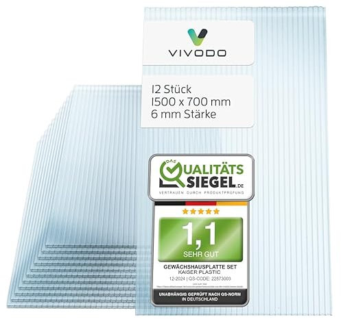 Vivodo Gewächshausplatten 12 Stk. | Hohlkammerplatten Doppelstegplatten 6mm | Platten für Gewächshaus | 700 x 1500 mm