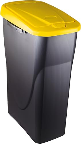 M home by Mazzei Mondex - Poubelle de Tri Sélectif 25L en Plastique - Ouverture facile Push - Cuve Gris Anthracite avec Couvercle de Couleur Jaune - Idéale pour Cuisine, Cellier - Fabriquée en France