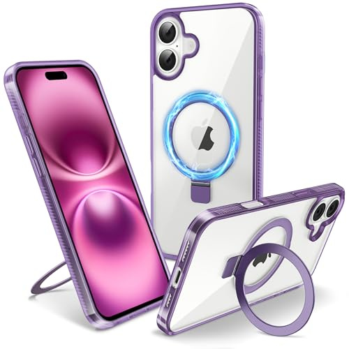 Flyzoo Cover Magnetica per iPhone 16 Plus con Supporto Stand ad Anello, [Protezione Antilngiallimento & Antiurto] Custodia Trasparente Posteriore Hard PC Case con Silicone Bordo, 6.7'', Clear Viola