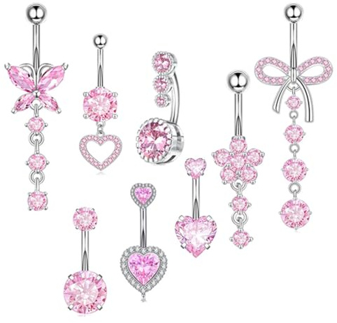 XFSRG 8 Stück 14G Bauchnabelpiercing Damen Edelstahl Hypoallergene Piercing Bauchnabel Clicker Lang Belly Piercing Set für Frauen (Rosa)