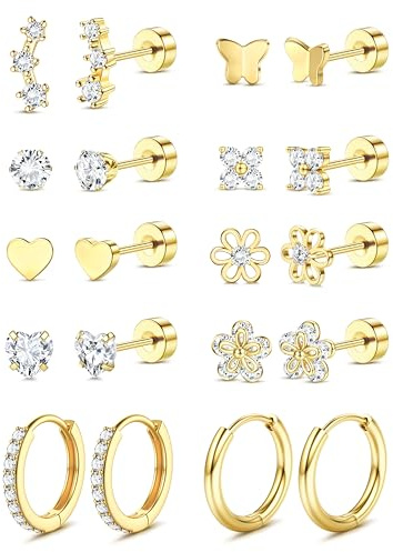 Chriscoco 10 Paar Gold Ohrringe Set für Damen Chirurgenstahl Silber Creolen | Medizinische Ohrstecker,Hypoallergene Klein Creolen Ohrringe,14K Vergoldet Helix Piercings,Conch Tragus Piercing Ohr,Schmuck
