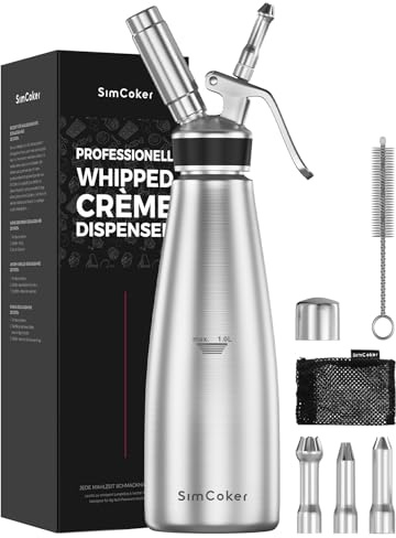 SimCoker Sahnespender 1 l aus Edelstahl, 3 Tüllen | Sahnesiphon aus 304-Edelstahl für Schlagsahne, Kaffee und Desserts; Bürste und Beutel. Sahnekapseln nicht enthalten.