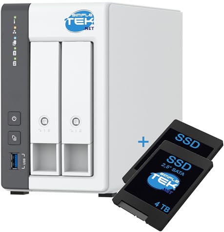 SIMPLETEK - 2 Bay (Slot) NAS System with 4GB RAM and 2 x 4TB SSDs Included (8TB Total), 2.5 Gigabit LAN for Home Cloud