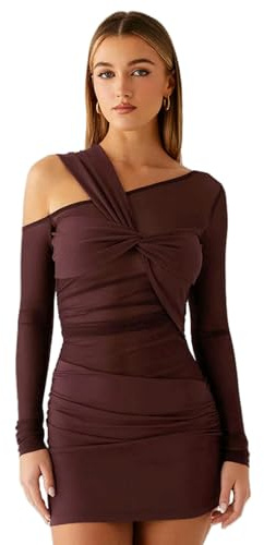 XYNM Kleid Damen-Herbst-Ankunft, Sexy, Durchsichtiges, Langärmliges, Kurzes Mit Twist-Knoten, Asymmetrisches, Schickes, Elegantes Minikleid-braun-m