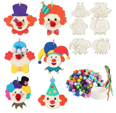 OIXYEY 1 Set Clown Basteln Kinder, Karneval Deko, Karneval Bastelset Holz Tischdeko Zirkus Deko Zum, Diy Kreative Handwerk Kindergeburtstag Mitgebsel, Bemalen Mit 100Pcs Bommeln, A