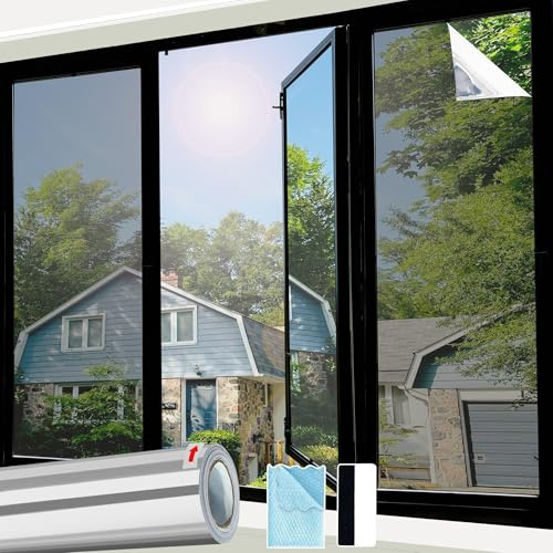 Linarun One Way Window Film Privacy Film for Glass Windows Heat Reflective Daytime Privacy Window Film See Out Not In Anti UV, Silver, Static Cling, 44.5x200