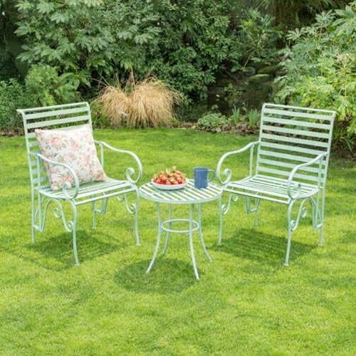 Melody Maison Ornate Metal Sage Green Round Garden Table & Set of 2 Ornate Garden Chairs - 55cm x 92cm