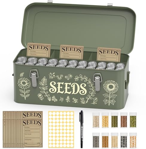 Dexyino Metal Seed Storage Organizer, 4 Compartment Locking Seed Saving Box | Includes 30 Bottles & Envelopes, Dark Green Vintage Garden Seed Organizer for Flower Vegetable Heirloom Seeds