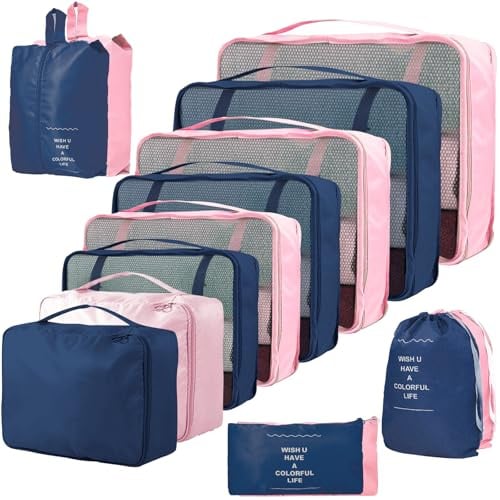 14-teilige Zweifarbige Koffer Organizer, Kofferorganizer Reisezubehör – Packwürfel, Packing Cubes & Packtaschen, Ordnungssystem für Koffer bei Urlaub & Reisen (14, Navy & Pink)