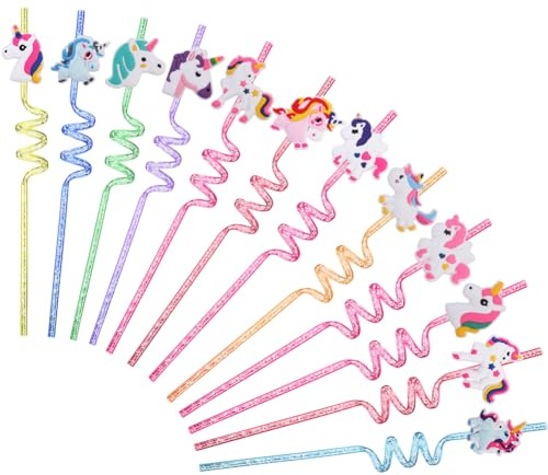 Unicorn Curly Hard Straws,12PCS Reusable Unicorn Drinking Straws Washable Twisty Plastic Novelty Straw Cartoon Curly Straw Birthday Partys Decorations for Family Gatherings,Juices and Smoothies
