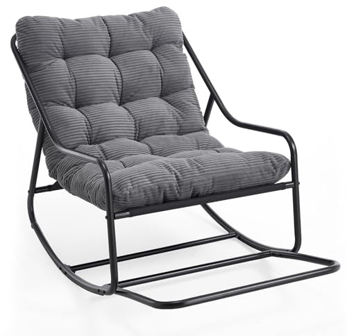 SEEDWAVE Schaukelstuhl mit Fußrest, robustem Stahlrahmen, weichem Cushion & rutschfesten Schutzpads – stilvoller Loungesessel & Liegestuhl für Garten, Balkon & Outdoor (Grau, Cord)