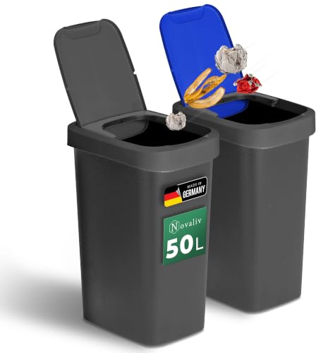 Novaliv Lot de 2 poubelles de tri sélectif avec couvercle basculant - 50 l - Pour la cuisine - Noir et bleu