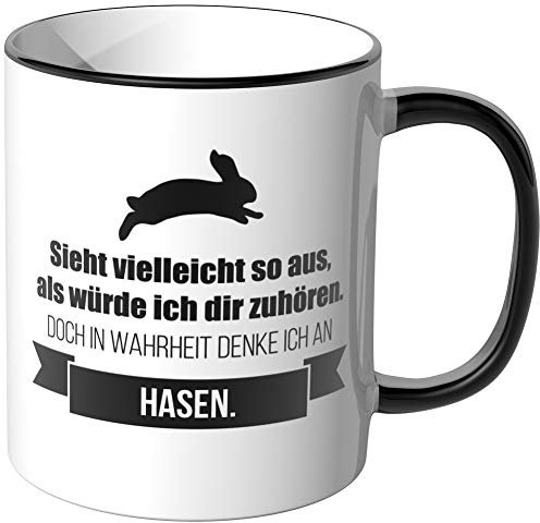 JUNIWORDS Tasse - Ich denke an Hasen - Wähle Motiv & Farbe - Schwarz