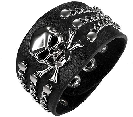 Flongo Herren Armband Lederarmband Totenkopf: Männer Herrenarmband schwarz groß breit Leder Armreif mit Schädel Kette men Accessoires Modeschmuck Biker Geschenk für Vater Sohn Freund