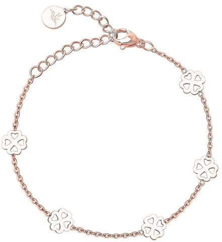 BONNYBIRD® Kleeblatt Armband Rosegold Glücksbringer Prüfung Edelstahl Damen Viel Glück Prüfung Geschenk Glücksarmband Frauen Wasserfest Schmuck Armkette Gute Besserung Firmung Mädchen Abitur