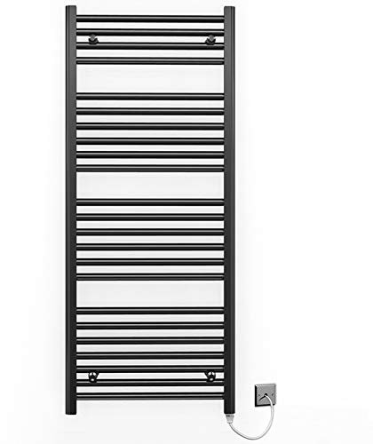 Myhomeware 500mm Wide Black Flat Electric Pre-Filled Heated Towel Rail Radiator For Bathroom Designer UK (Alyssa 500 / 1200mm Electric Black)