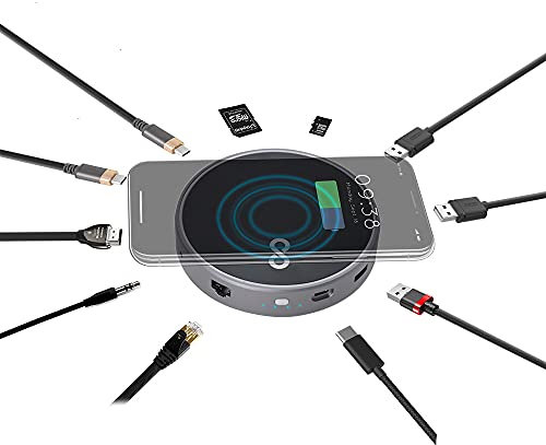 Moovy Go USB-C Hub 12 in 1, USB-C Adapter Wireless Charger, Wireless Powerbank External Battery, HDMI 4K, USB-C PD 60W, Multi USB Ports, Ethernet SD Card Reader Audio Mic, Aluminium, Macbook Pro