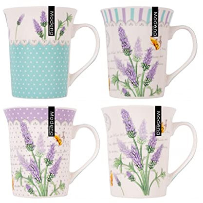 RSW INTERNATIONAL Lavender 4-Pack Bone China Mugs, 13oz, Floral Designs