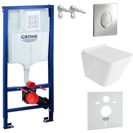Domino Lavita WC da parete senza bordo + sedile WC con abbassamento automatico Soft-Close + elemento da parete con piastra di pressione Skate Air (Lago, piastra di spinta cromata lucida)