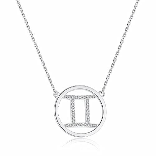 Qings Damen Halskette Sternzeichen Silber Kette Zwillinge Zodiac Anhänger Halsketten mit Cubic Zirkonia Horoskop Astrologie Damen Schmuck Geburtstag Weihnachten geschenke für Damens Mädchen Männer